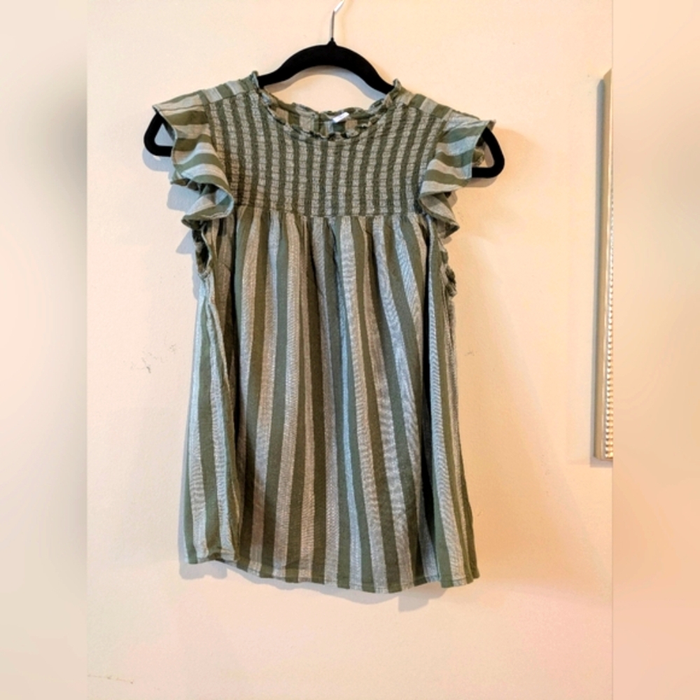 Old Navy Green and White Smocked Ruffle Top